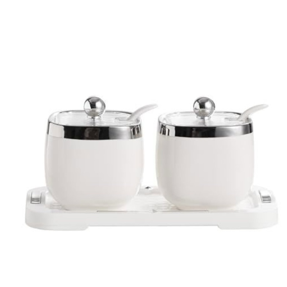 White Ceramic Double Condiment Jars with Spoons - Picture 10 of 10